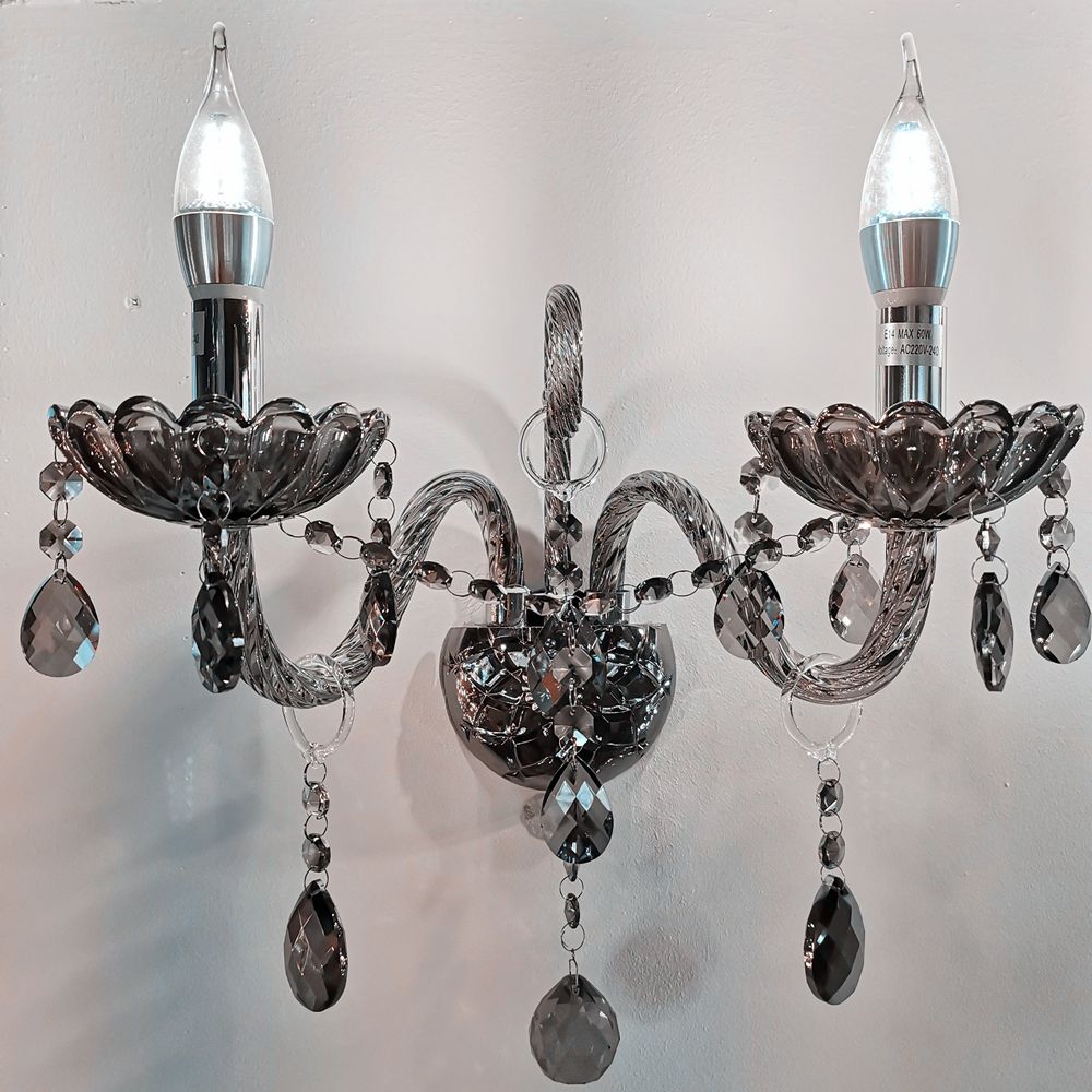 Smoky Grey 2 Arms Crystal Wall Light – Classic Chandelier Design