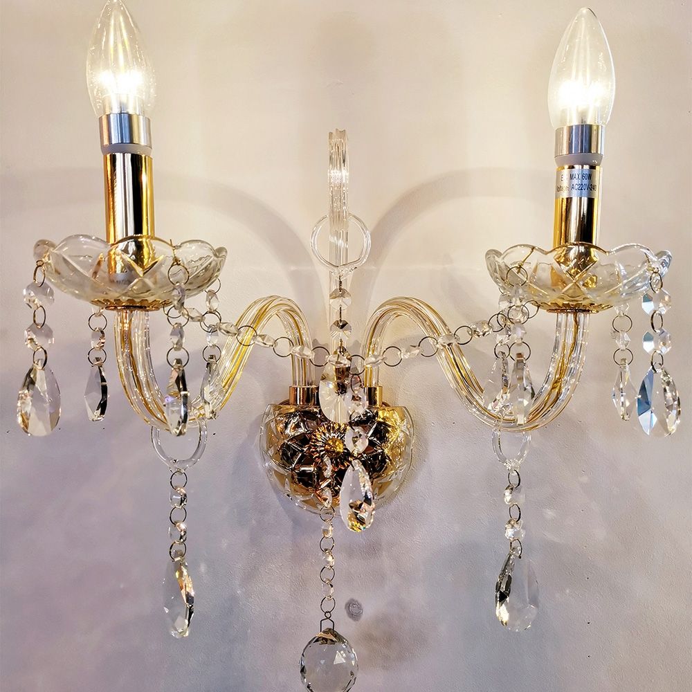 Clear Golden 2 Arms Crystal Wall Light – Classic Chandelier Design