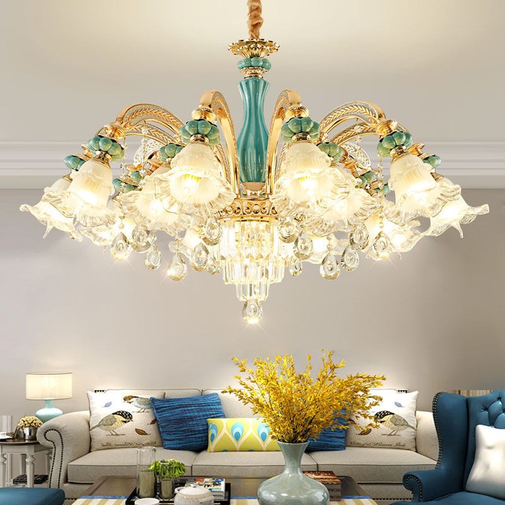 Blue Ceramic Gold Metal Arms K9 Crystal Chandelier Pendant Lamp | Ceiling Lights & Chandeliers