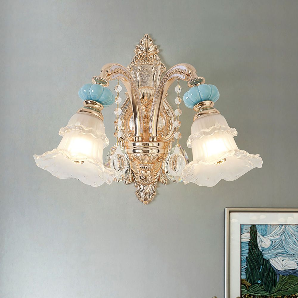 Blue Ceramic Gold Crystal Wall Light – 1/2 Arms Chandelier Style
