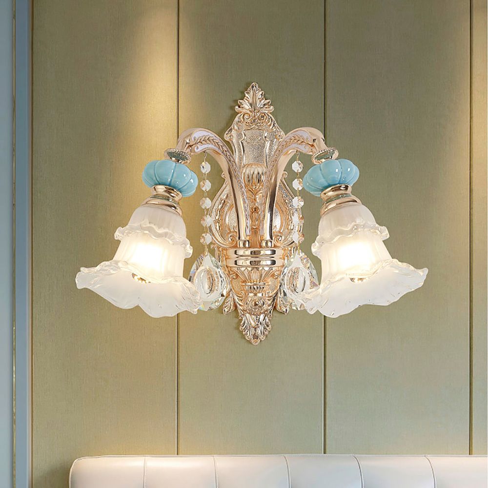 Blue Ceramic Gold Crystal Wall Light – 1/2 Arms Chandelier Style