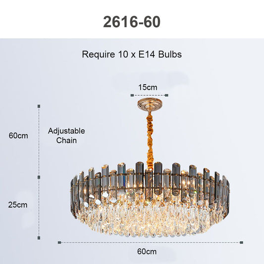 Grey + Clear Crystal Gold Metal Postmodern Chandelier Genuine K9 Crystal 10/18 Bulbs (E14)