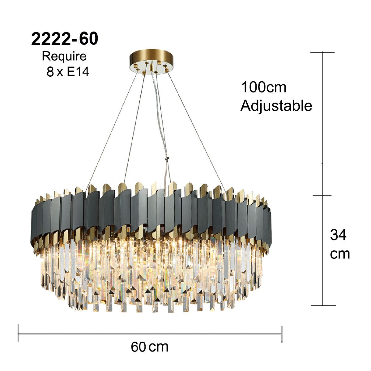 Dark Carbon and Gold Postmodern Pendant Chandelier Genuine K9 Crystal Metal Body 8/12/16 Bulbs (E14)