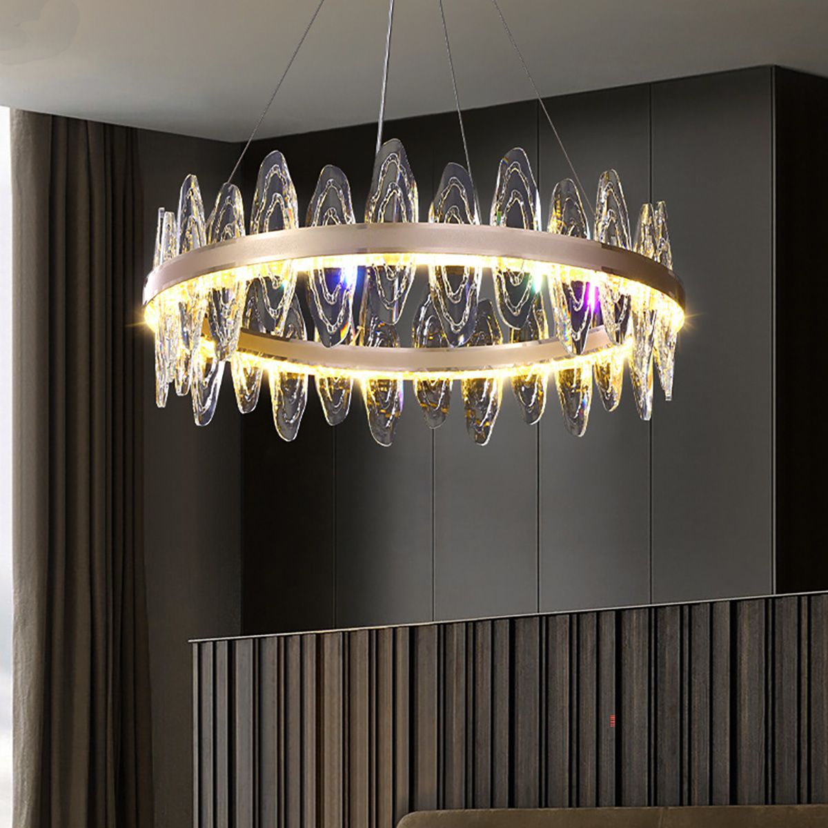Ring Chandelier Genuine Crystal 3 LED Colours Dimmable Remote | Ceiling Lights & Chandeliers