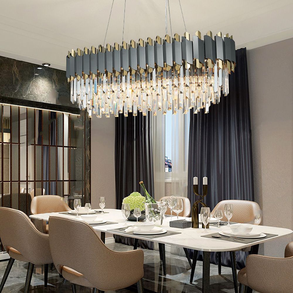 Dark Carbon Grey Clear Crystal Gold Postmodern Dining Chandelier | Ceiling Lights & Chandeliers