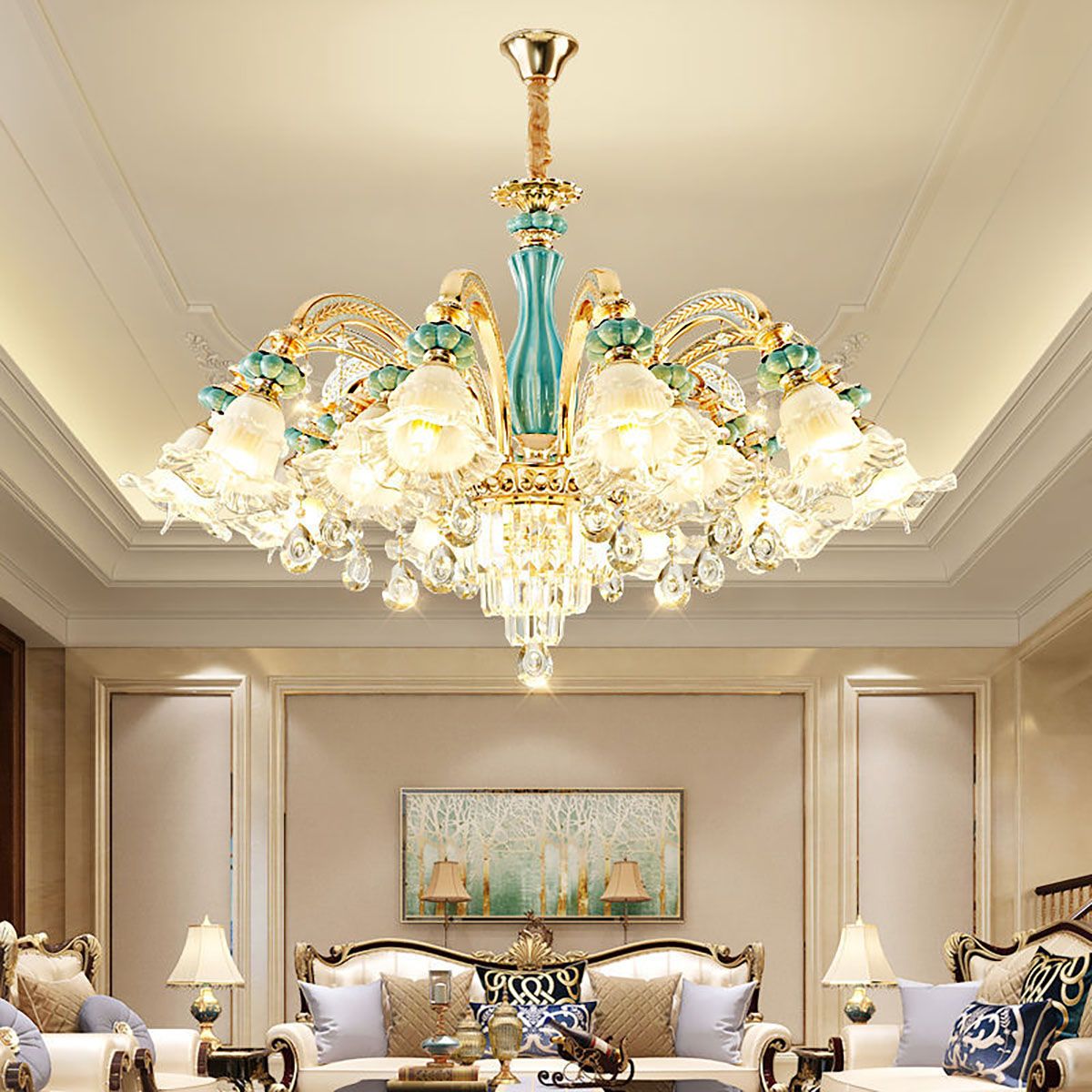 Blue Ceramic Gold Metal Arms K9 Crystal Chandelier Pendant Lamp | Ceiling Lights & Chandeliers