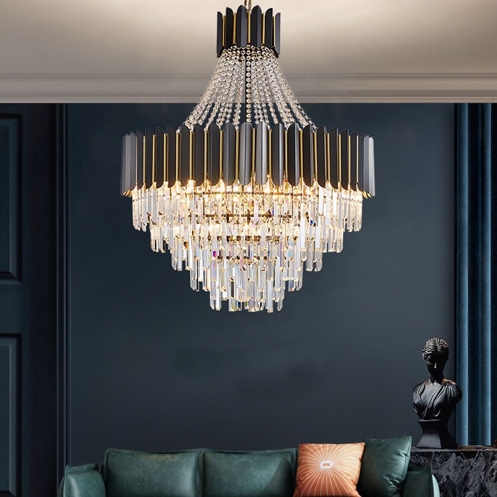 Dark Carbon and Gold Postmodern Pendant Chandelier Genuine K9 Crystal Metal Body 11/17/22 Bulbs (E14)