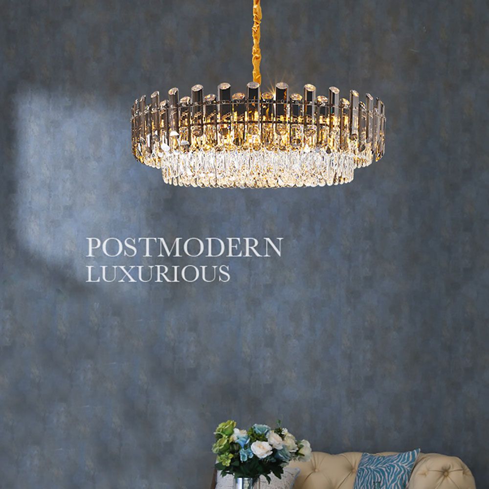 Grey + Clear Crystal Gold Metal Postmodern Chandelier Genuine K9 Crystal 10/18 Bulbs (E14)