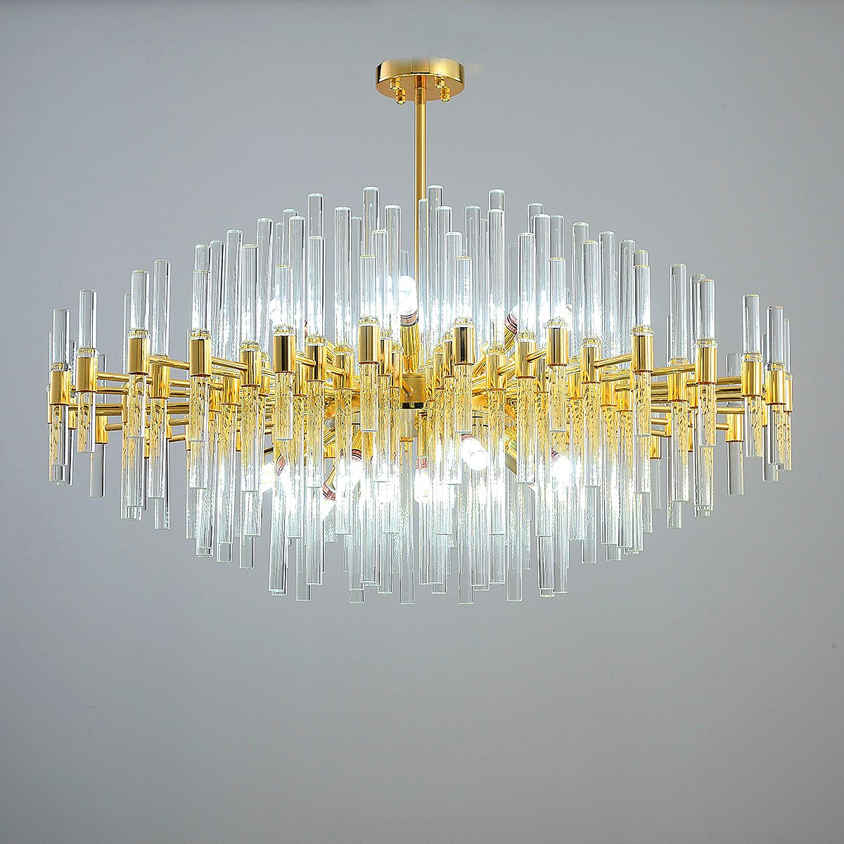 Clear Crystal Rods and Golden Postmodern Genuine K9 Crystal Chandelier