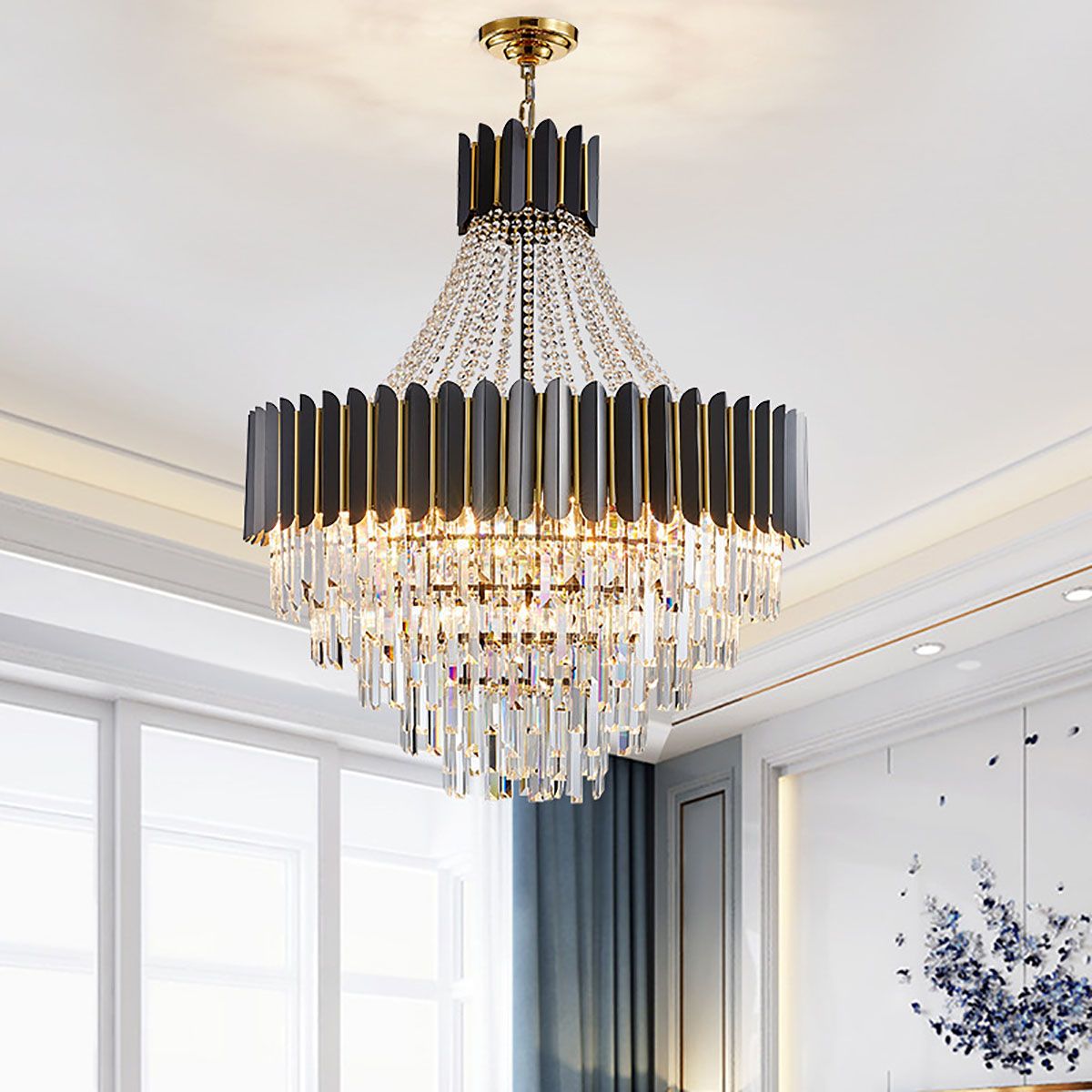 Dark Carbon and Gold Postmodern Pendant Chandelier Genuine K9 Crystal Metal Body 11/17/22 Bulbs (E14)