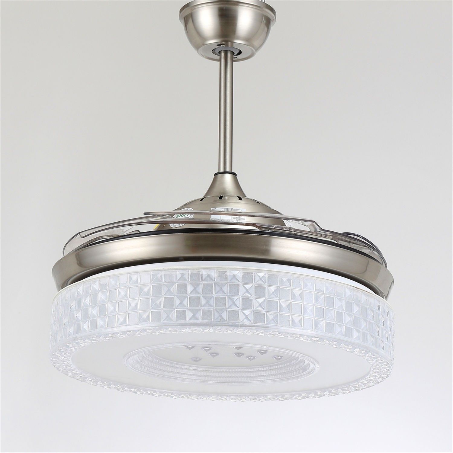 42” Silver Retractable Blade Folding Fan Light Crystal | Ceiling Lights