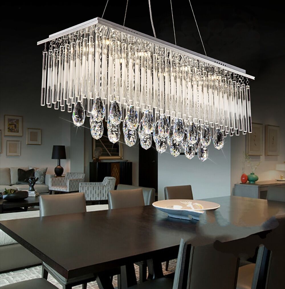 Genuine K9 Crystal LED Rectangular Pendant Dining Ceiling Light | Ceiling Lights & Chandeliers