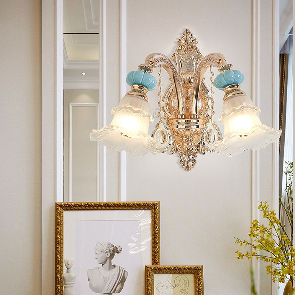 Blue Ceramic Gold Crystal Wall Light – 1/2 Arms Chandelier Style