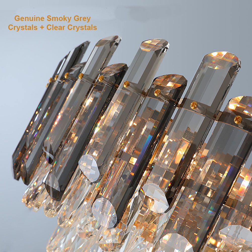 Grey + Clear Crystal Gold Metal Postmodern Chandelier Genuine K9 Crystal 10/18 Bulbs (E14)