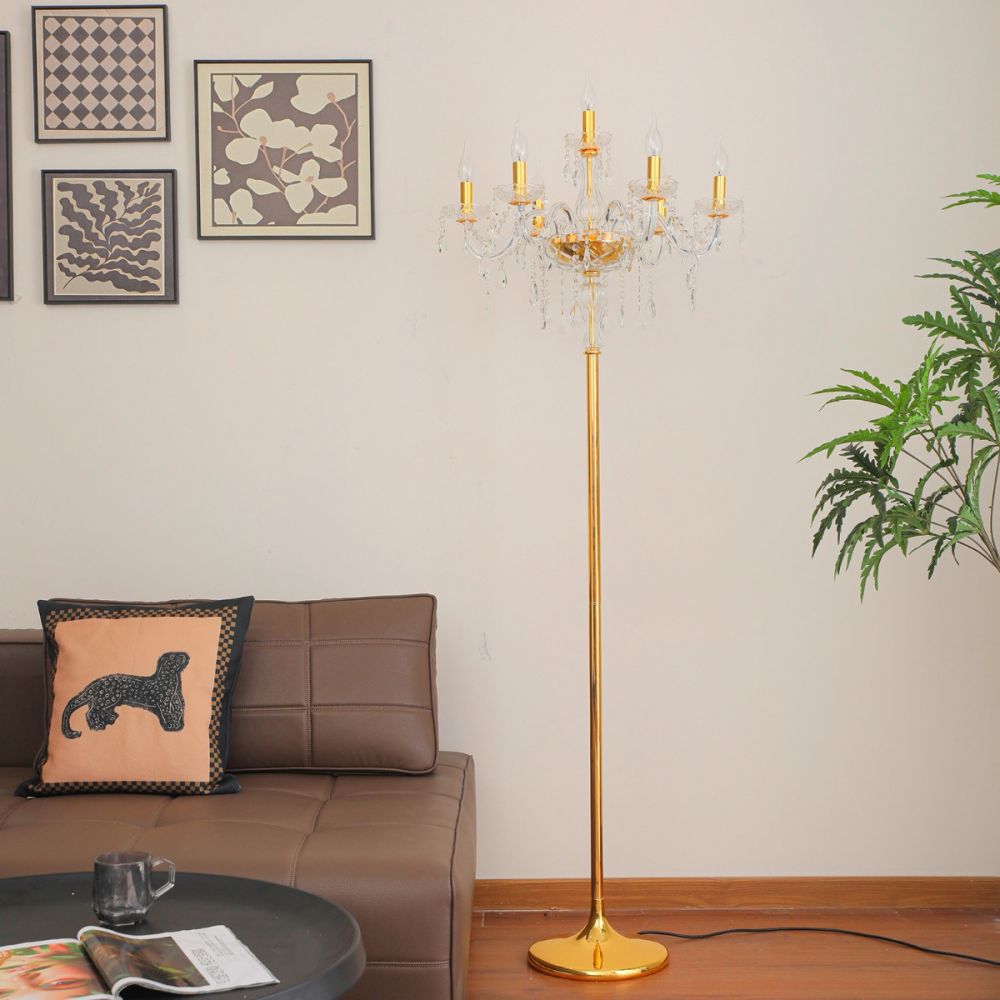 Genuine K9 Crystal Clear Golden 7 Arms Chandelier Floor Lamp | Floor Lighting