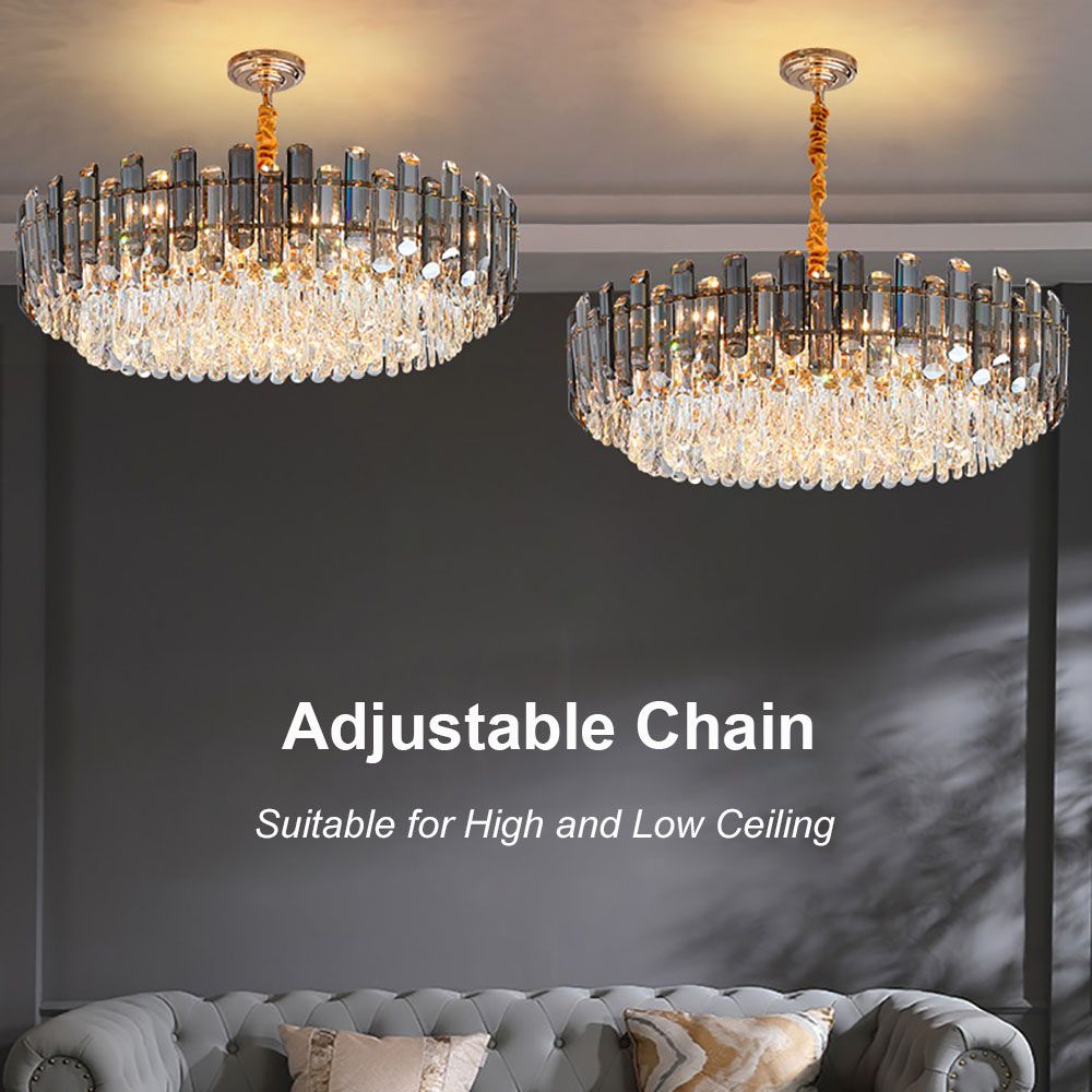 Grey + Clear Crystal Gold Metal Postmodern Chandelier Genuine K9 Crystal 10/18 Bulbs (E14)