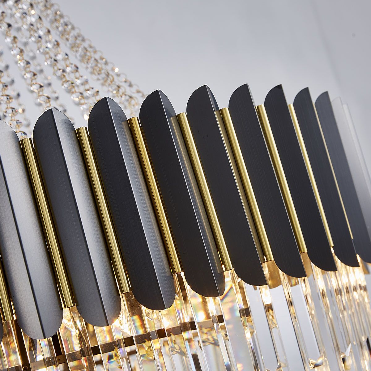 Dark Carbon and Gold Postmodern Pendant Chandelier Genuine K9 Crystal Metal Body 11/17/22 Bulbs (E14)