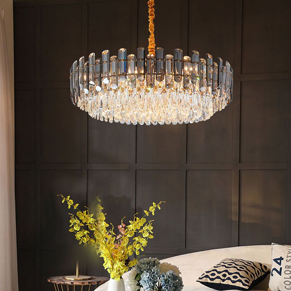 Grey + Clear Crystal Gold Metal Postmodern Chandelier Genuine K9 Crystal 10/18 Bulbs (E14)