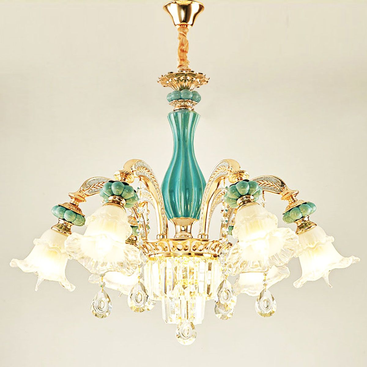 Blue Ceramic Gold Metal Arms K9 Crystal Chandelier Pendant Lamp | Ceiling Lights & Chandeliers