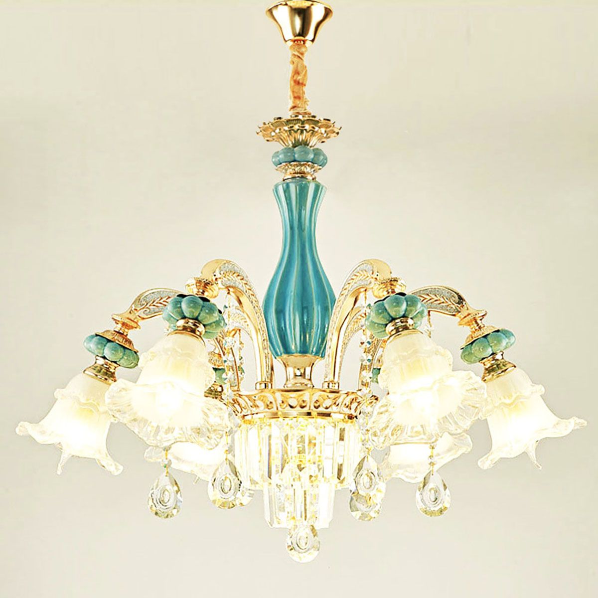 Blue Ceramic Gold Metal Arms K9 Crystal Chandelier Pendant Lamp | Ceiling Lights & Chandeliers