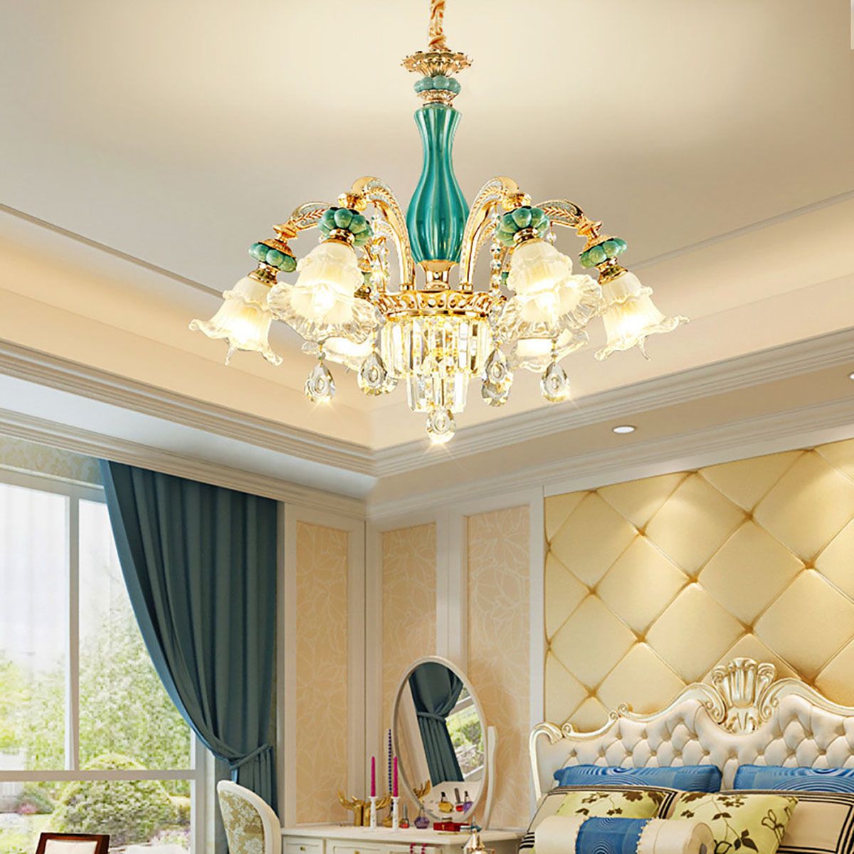 Blue Ceramic Gold Metal Arms K9 Crystal Chandelier Pendant Lamp | Ceiling Lights & Chandeliers
