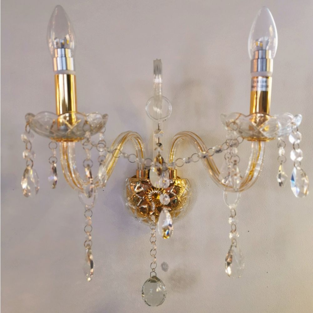 Clear Golden 2 Arms Crystal Wall Light – Classic Chandelier Design
