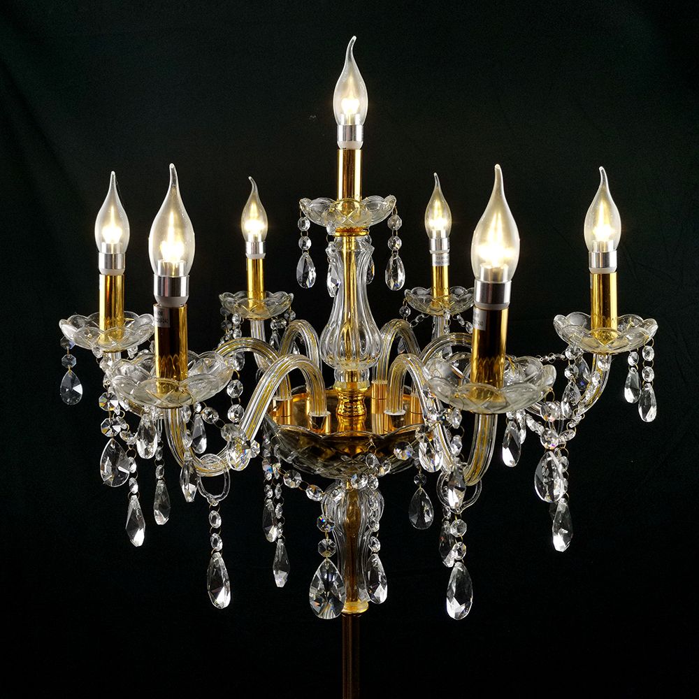 Genuine K9 Crystal Clear Golden 7 Arms Chandelier Floor Lamp | Floor Lighting