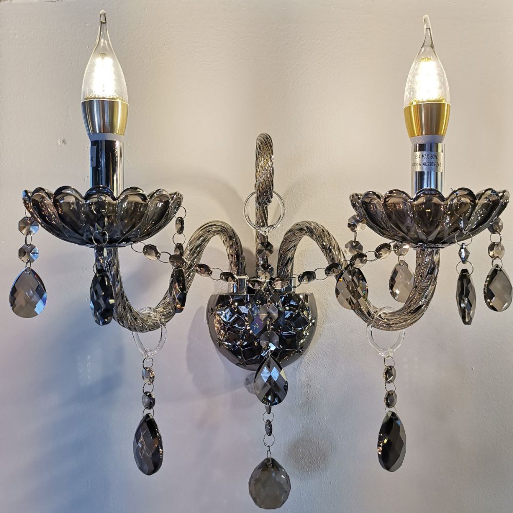 Smoky Grey 2 Arms Crystal Wall Light – Classic Chandelier Design