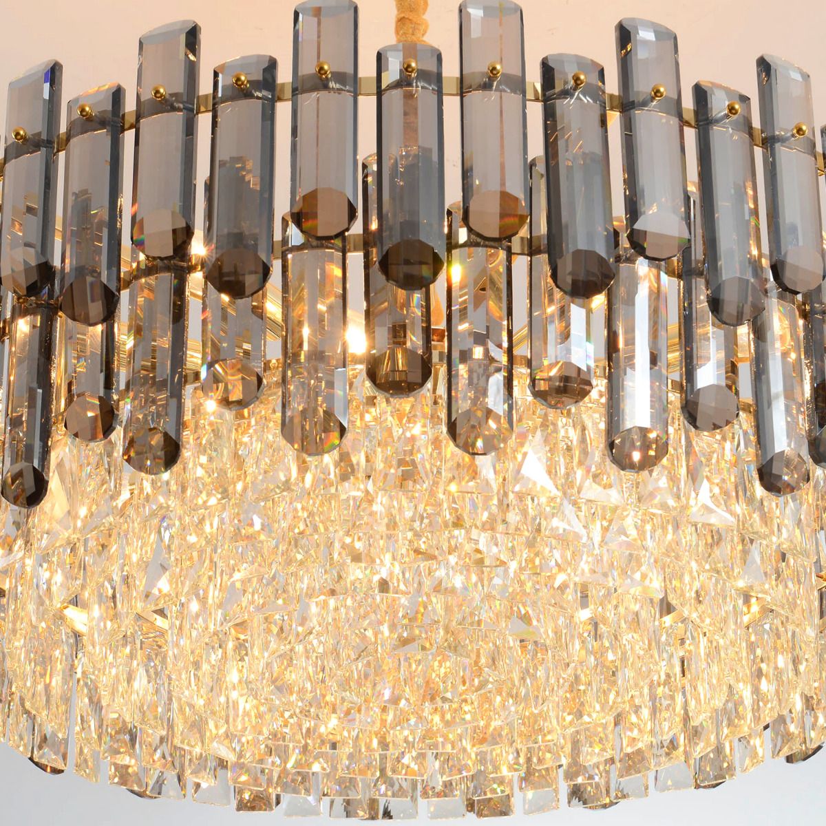 Grey + Clear Crystal Gold Metal Postmodern Chandelier Genuine K9 Crystal 10/18 Bulbs (E14)