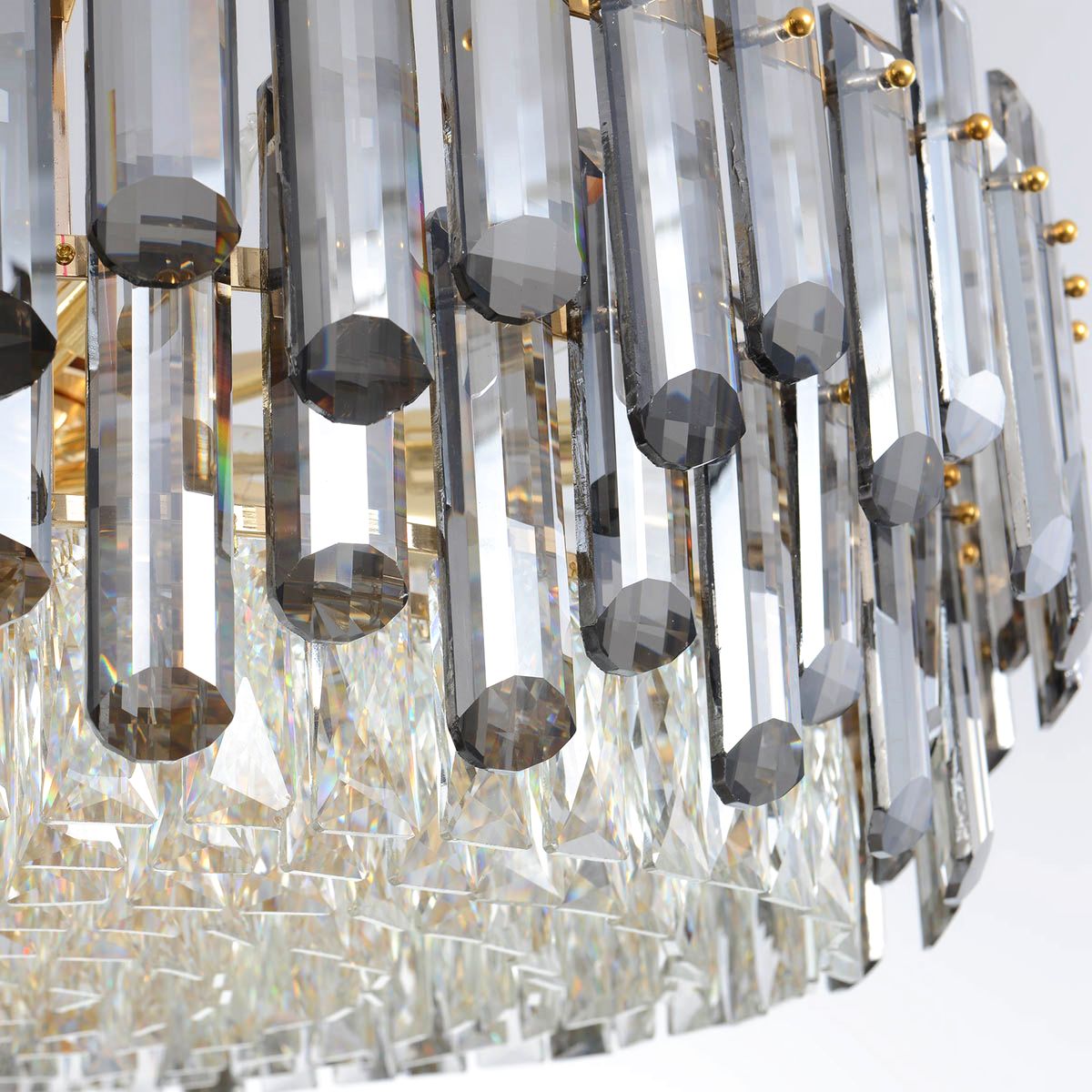 Grey + Clear Crystal Gold Metal Postmodern Chandelier Genuine K9 Crystal 10/18 Bulbs (E14)