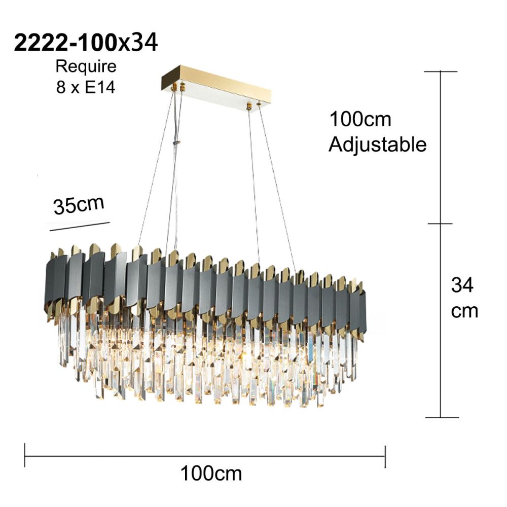 Dark Carbon and Gold Postmodern Pendant Chandelier Genuine K9 Crystal Metal Body 8/12/16 Bulbs (E14)