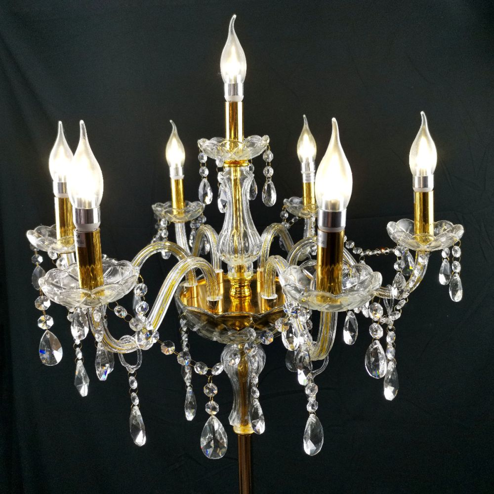 Genuine K9 Crystal Clear Golden 7 Arms Chandelier Floor Lamp | Floor Lighting