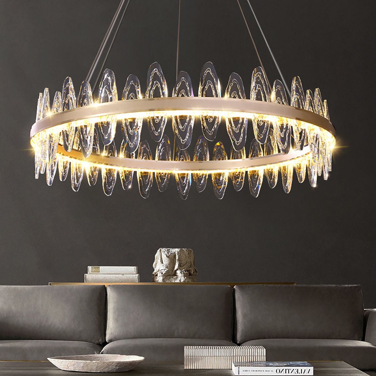 Ring Chandelier Genuine Crystal 3 LED Colours Dimmable Remote | Ceiling Lights & Chandeliers