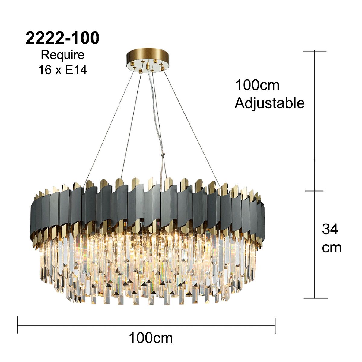 Dark Carbon and Gold Postmodern Pendant Chandelier Genuine K9 Crystal Metal Body 8/12/16 Bulbs (E14)